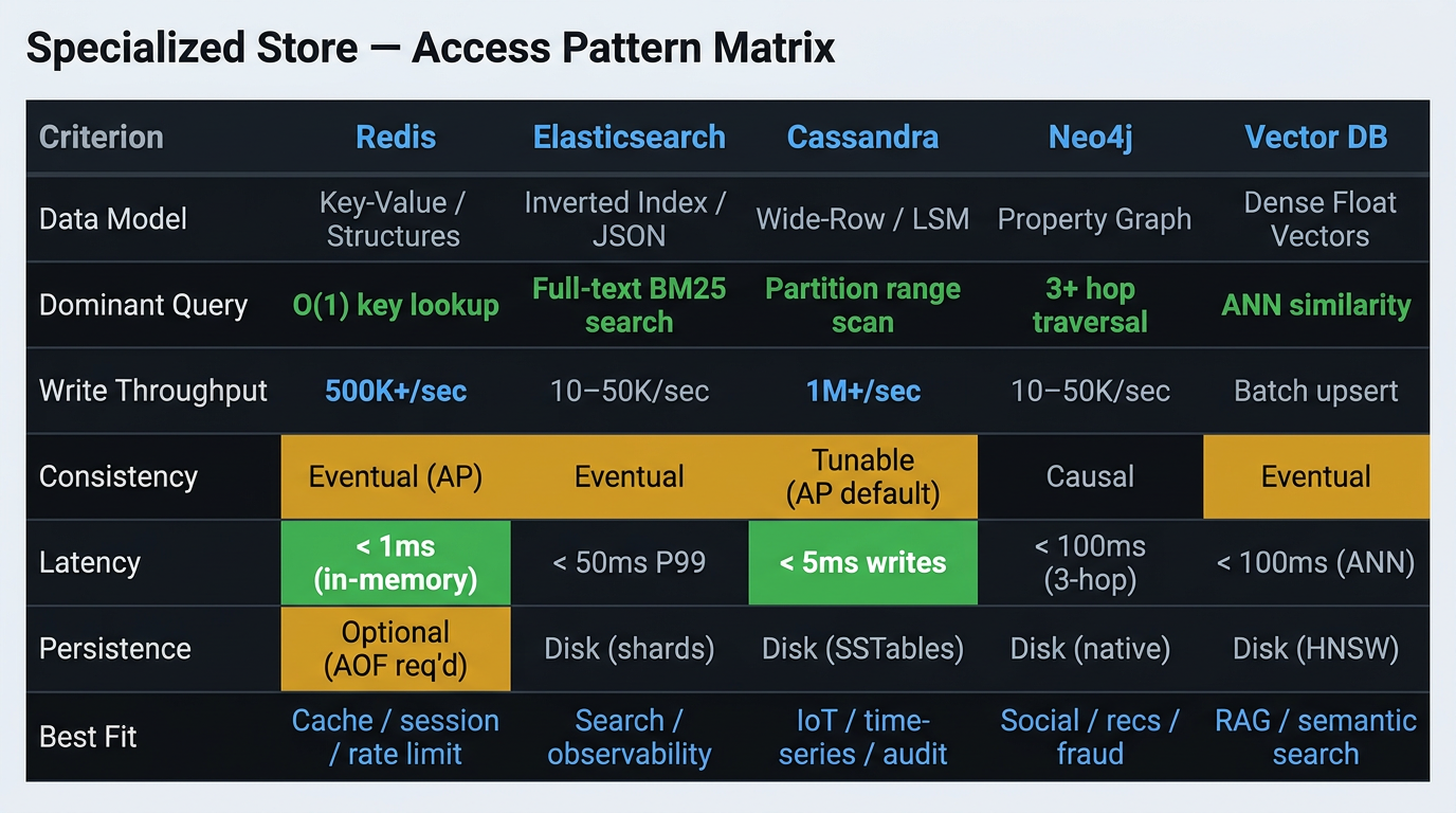 Comparison matrix for Redis, Elasticsearch, Cassandra, Neo4j, and vector database tier across data model, dominant query type, write throughput, consistency model, and primary use case — showing which store owns which access pattern.