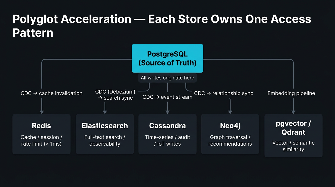 Layered architecture showing primary database at top feeding into specialized accelerator stores below — Redis for cache/session, Elasticsearch for search, Cassandra for time-series/append writes, Neo4j for graph traversal, pgvector for AI similarity — each labeled with the access pattern it owns.