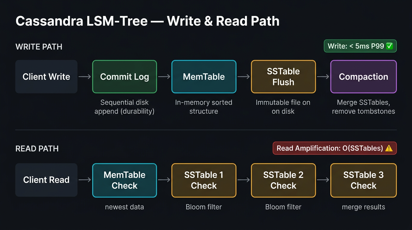 Cassandra LSM-tree write path from client write to MemTable flush to SSTable on disk to compaction merge — showing where write speed originates and where read amplification enters the path.
