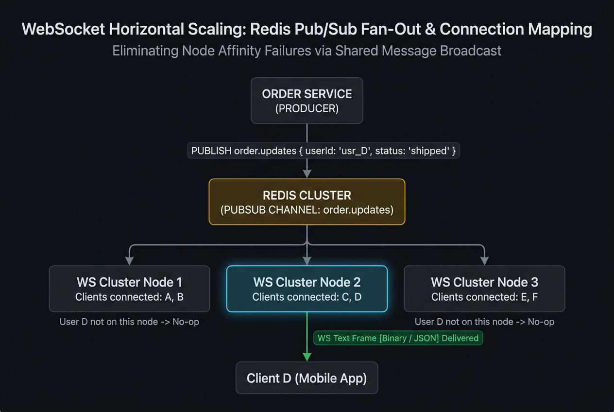 WebSocket horizontal scaling flow trace: order-shipped event published to Redis PubSub channel; all three WebSocket nodes receive the message; only Node 2 (which holds user D's connection) delivers to the WebSocket client — Nodes 1 and 3 find no matching connection and no-op.