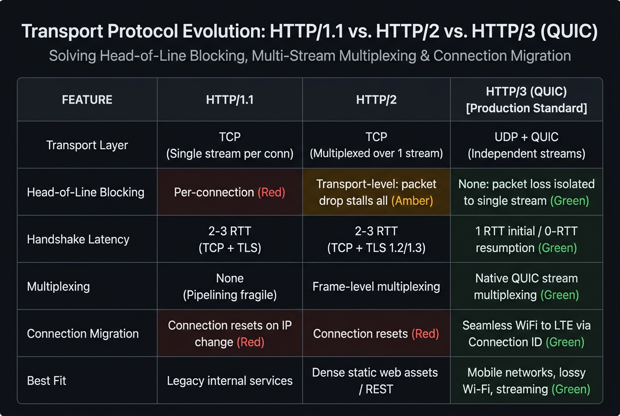 HTTP/1.1 vs HTTP/2 vs HTTP/3 comparison matrix across connection model, head-of-line blocking behavior, TLS version, 0-RTT support, multiplexing mechanism, connection migration, and optimal use case.