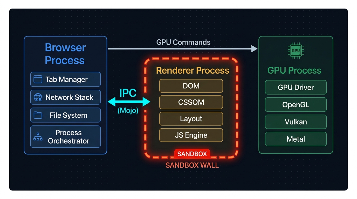 Diagram showing three separate OS processes: Browser Process on the left managing the chrome UI and network stack, Renderer Process in the centre running inside a sandbox boundary, and GPU Process on the right interfacing with GPU hardware. Arrows labeled IPC connect the Renderer to the Browser Process, and the Browser Process to the GPU Process. The sandbox wall around the Renderer is visually prominent.