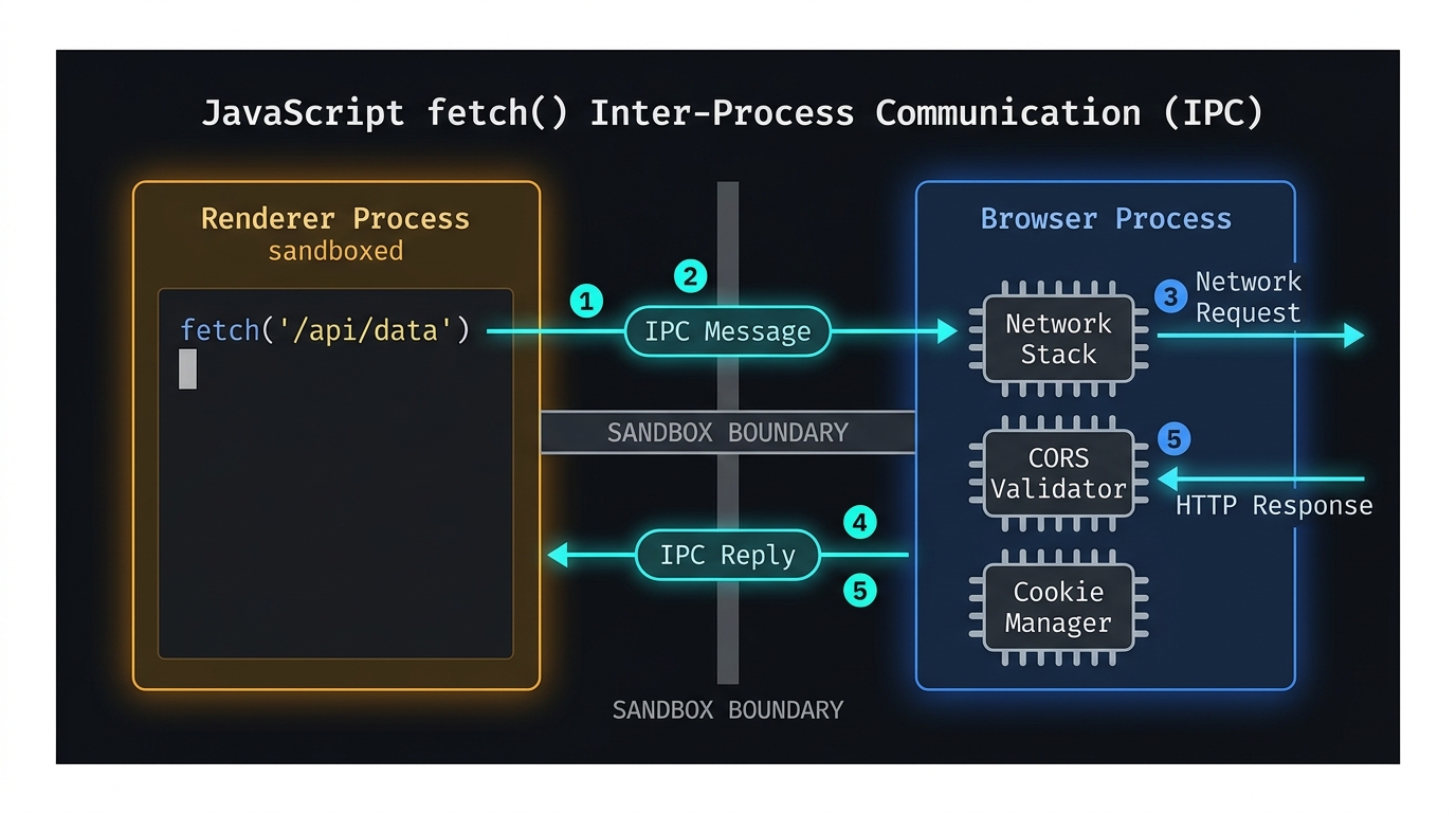 Sequence diagram showing a JavaScript fetch() call inside the Renderer Process generating an IPC message, crossing the sandbox boundary, being received and validated by the Browser Process's network stack, and the HTTP response being transmitted back via an IPC reply channel.
