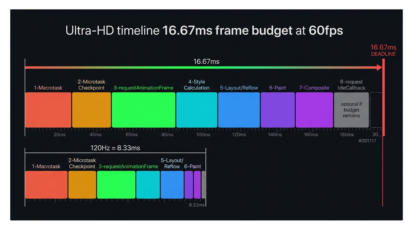 Horizontal timeline diagram spanning 16.67 ms representing one frame at 60 fps. Eight stages are marked as sequential blocks from left to right: (1) Macrotask, (2) Microtask Checkpoint, (3) requestAnimationFrame callbacks, (4) Style Calculation, (5) Layout, (6) Paint, (7) Composite, (8) requestIdleCallback — shown as an optional right-aligned block only present when budget remains. A red vertical line at the right edge marks the 16.67 ms deadline. A second timeline below it collapses all eight stages into the 8.33 ms window for 120 fps displays.