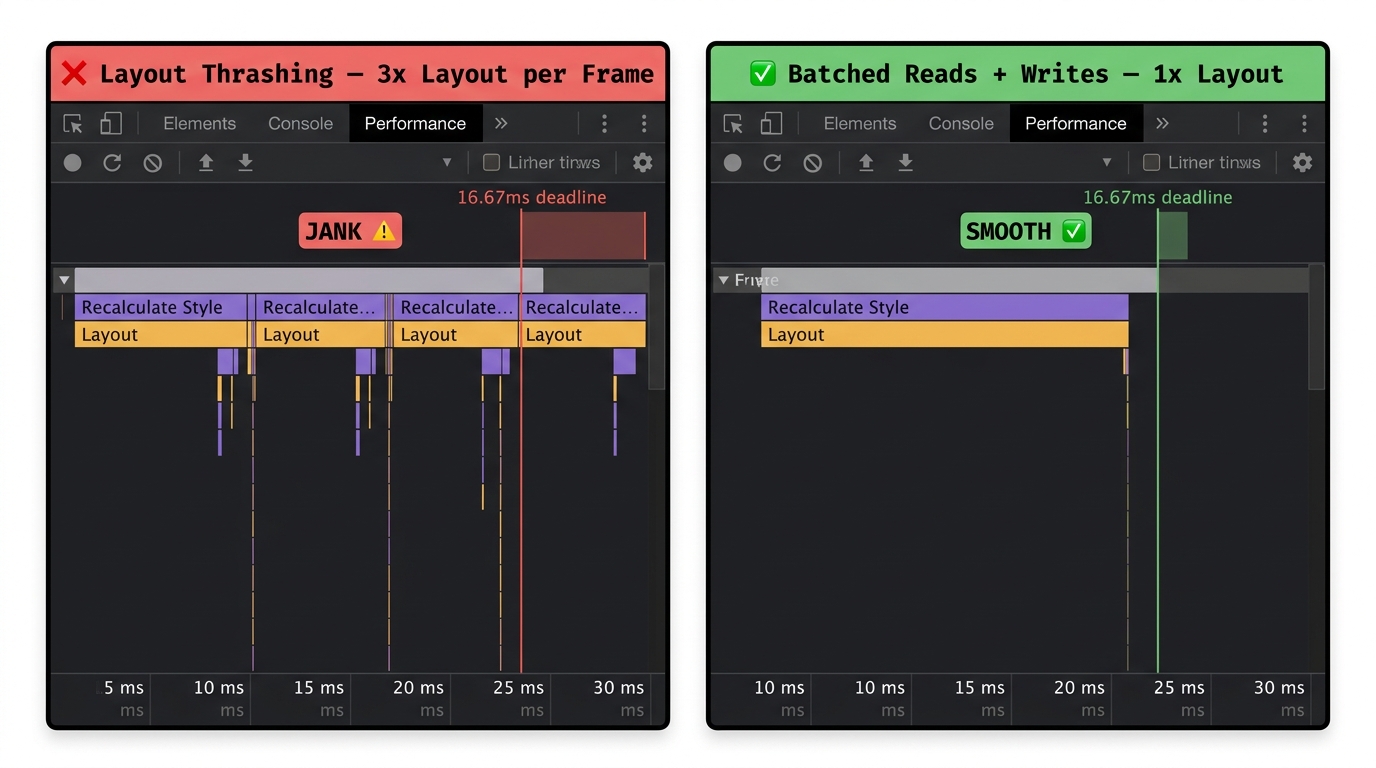 Two flame chart panels side by side from Chrome DevTools Performance tab. Left panel shows interleaved purple Recalculate Style and Layout blocks repeating three times in sequence, labeled 'Thrashing — 3x layout in one frame'. Right panel shows a single short Recalculate Style and Layout block, labeled 'Batched — 1x layout in one frame'. The total frame time in the left panel overruns the 16.67 ms deadline; the right panel finishes with budget remaining.