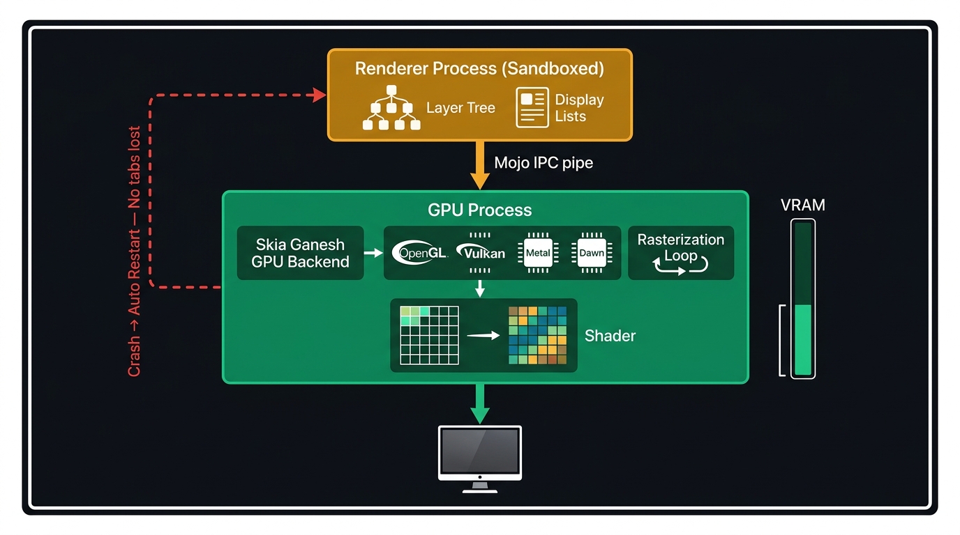 System diagram showing the full cross-process path from Renderer Process to display. The Renderer Process (sandboxed) produces a Layer Tree and Display Lists. An arrow crosses into the GPU Process, which houses the Skia GPU backend (Ganesh). Inside the GPU Process, the rasterisation loop converts Display Lists into GPU textures tile by tile using OpenGL / Vulkan / Metal. A final arrow leaves the GPU Process to the Physical Display hardware. A dashed recovery arrow at the bottom indicates that a GPU Process crash triggers a restart without affecting the Browser or Renderer Processes.