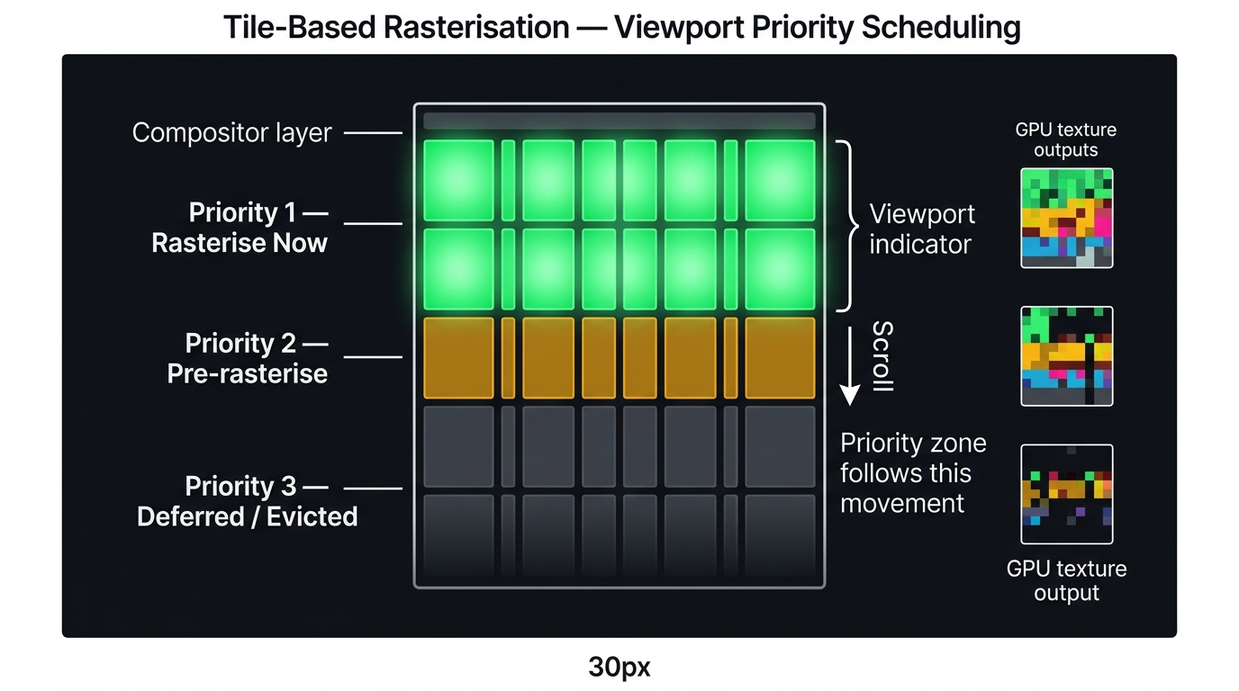 Grid diagram of a single compositor layer divided into a 4x4 tile grid. Tiles in the viewport area (top-left quadrant) are highlighted as Priority 1 — Rasterise immediately. Tiles adjacent to the viewport are labeled Priority 2 — Pre-rasterise. Tiles far from the viewport are grayed out as Priority 3 — Deferred or Evicted. A scroll indicator on the right shows the viewport window moving downward, with the priority quadrant shifting to follow it.
