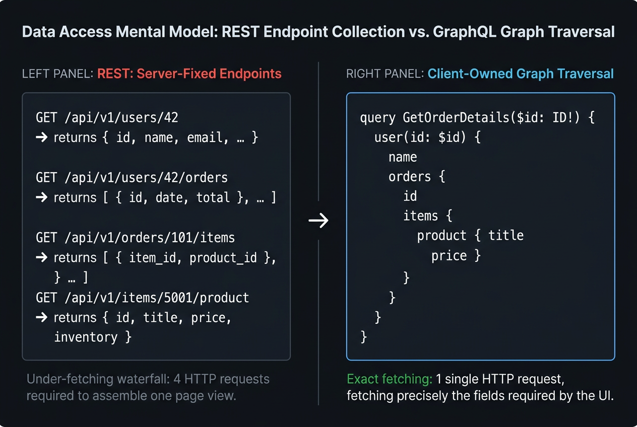 REST endpoint collection (dim, left) vs GraphQL graph traversal on the same domain (cyan, right) — the client owns the traversal depth in GraphQL