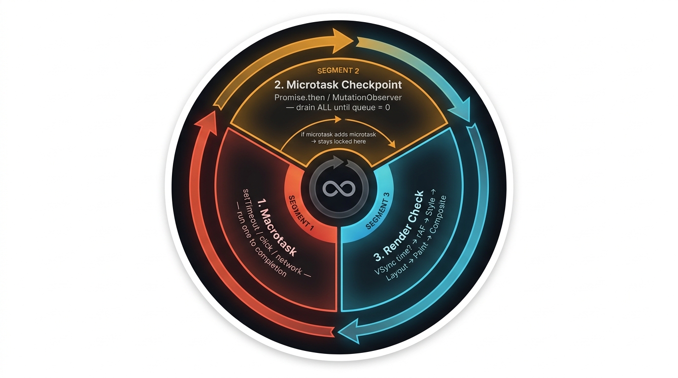 Circular loop diagram representing the event loop. Starting from the top and moving clockwise: a queue box labeled Macrotask Queue feeds into a box labeled 1. Dequeue ONE Macrotask — Execute Sync Code. An arrow leads to 2. Microtask Checkpoint — Drain entire queue to empty including newly added microtasks. Another arrow leads to 3. Render Check — Is it VSync time? If yes run rAF then Style then Layout then Paint then Composite. The final arrow returns to the Macrotask Queue at the top. A smaller inset loop shows a microtask scheduling another microtask, with an annotation: Loop stays locked here until queue equals zero.