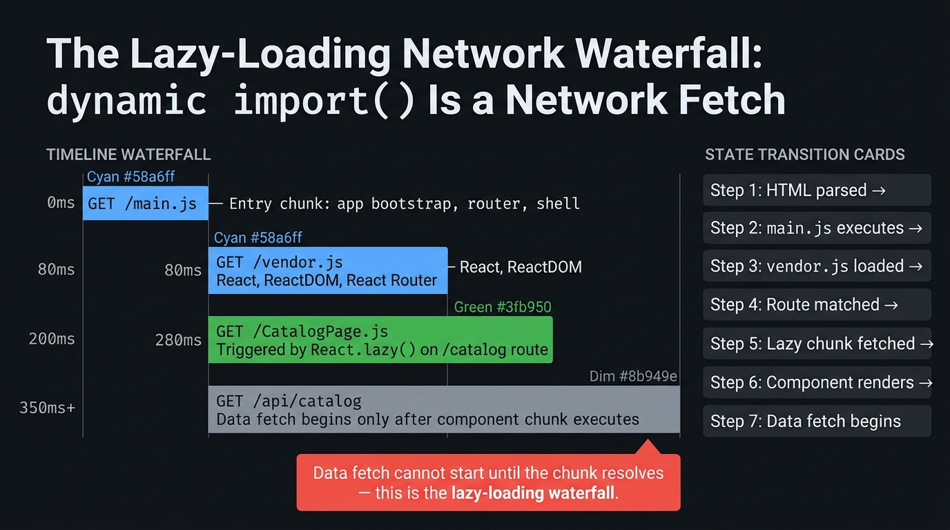 Flow trace showing the browser network waterfall for a code-split React application. Left column shows Timeline with time markers 0ms, 80ms, 200ms, 350ms. Four horizontal bars represent sequential network requests. Bar 1 at 0ms, labeled 'GET /main.js' (cyan, longest bar, ~80ms), annotated 'Entry chunk: app bootstrap, router, shell'. Bar 2 at 80ms labeled 'GET /vendor.js' (cyan, ~120ms), annotated 'React, ReactDOM, React Router — node_modules'. Bar 3 at 200ms labeled 'GET /CatalogPage.js' (green, ~80ms), annotated 'Triggered by React.lazy() when /catalog route matches'. Bar 4 at 350ms labeled 'GET /catalog-data' (dim, ~?ms), annotated 'Data fetch begins only after chunk loads'. Right column shows State transitions: 'HTML parsed → main.js executes → vendor.js executes → route matched → lazy chunk fetched → component renders → data fetches'. A red callout at Bar 4: 'Data fetch cannot start until the chunk resolves — this is the lazy-loading waterfall'. Caption: 'Each dynamic import() is a network request that blocks rendering until resolved — understanding this waterfall is prerequisite to understanding Module Federation latency.'