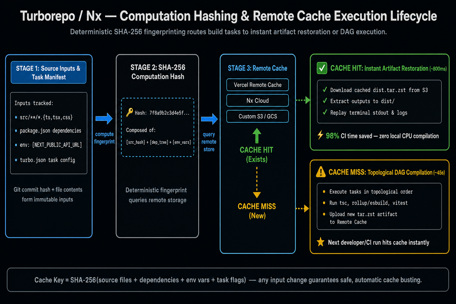 Left-to-right flow trace of the Turborepo computation hash and remote cache pipeline. Five stages: Source files + package deps + env vars → SHA hash computation → Remote Cache query → Cache Hit path (restore dist/ artifacts and replay stdout, shown in green) vs Cache Miss path (execute task DAG, then store output in Remote Cache, shown in amber). The Cache Hit path is visually dominant, highlighted in cyan.