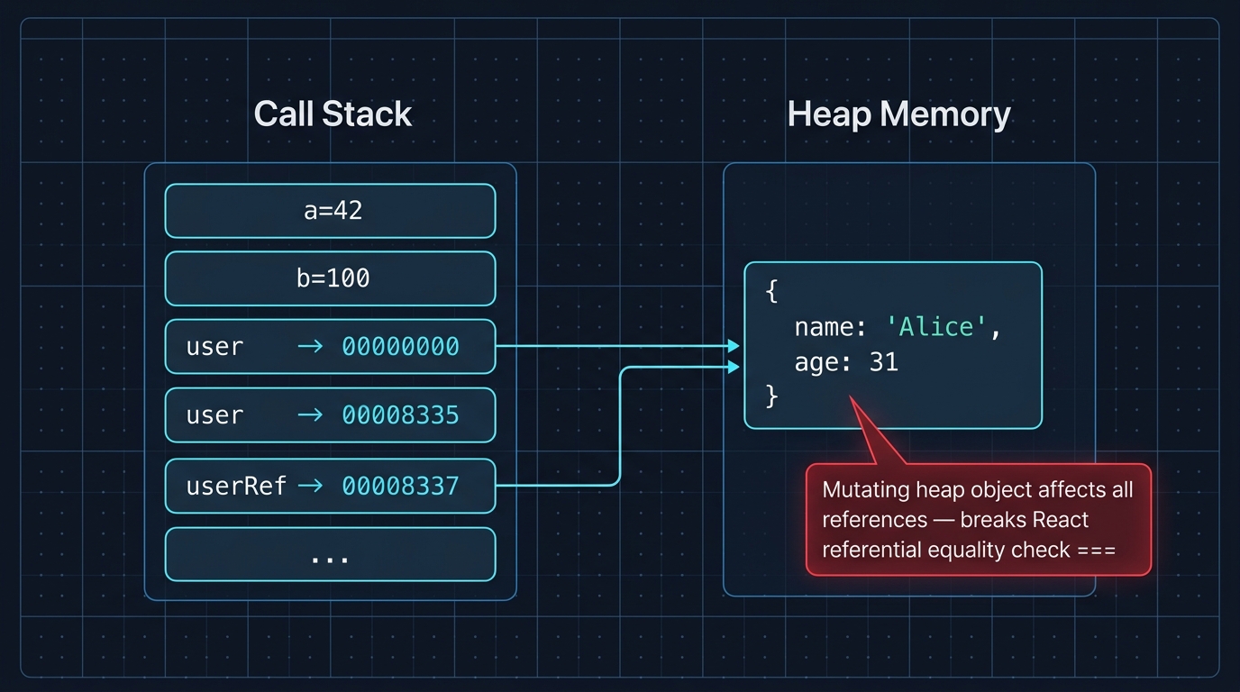 Two-column memory model diagram. Left column labeled 'Stack' shows variable slots: primitive 'a = 42' and 'b = 100' each containing their own values. Right column labeled 'Heap' shows an object box with properties 'name: Alice' and 'age: 31'. Two pointer arrows on the stack — one labeled 'user' and one labeled 'userRef' — both point to the same heap object box, illustrated with a shared memory address highlight. A red callout reads: 'Copying an object copies the pointer, not the data — both variables reference the same heap location'.