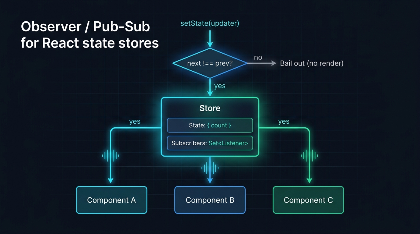 Flow diagram of the Observer/Pub-Sub pattern. A central 'Store' box contains two sections: 'state: { count }' and 'subscribers: Set<fn>'. Three arrows labeled 'subscribe(fn)' point inward from three component boxes (A, B, C). A 'setState(updater)' call at the top triggers a broadcast arrow fanning outward from the store to all three components simultaneously, labeled 'notify all observers'. A small decision diamond on the setState path reads 'nextState !== state?' with a 'yes → notify' branch and a 'no → bail out' branch. Caption: 'React, Zustand, and every reactive library are all implementations of this same Observer pattern'.