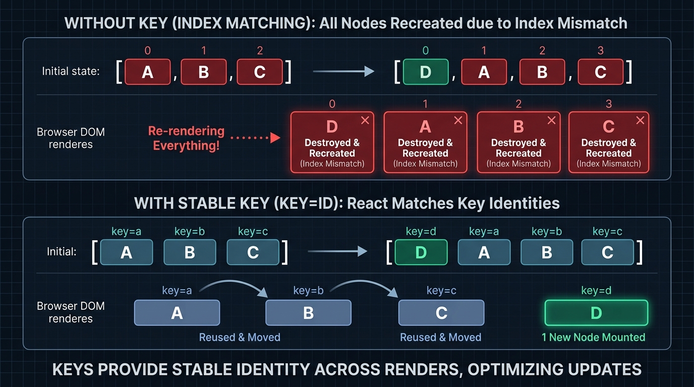 Side-by-side comparison diagram of Virtual DOM list reconciliation. Both panels show a parent 'ul' node with three child 'li' nodes. Top panel labeled 'Without key prop': list originally has items [A, B, C]. After inserting D at position 0, the new list is [D, A, B, C]. Each li is compared by index position — li[0] was A, now D, so React sees a change and re-renders; same for all positions. All four li nodes are highlighted red as 'destroyed and recreated'. Bottom panel labeled 'With stable key prop (item.id)': React matches children by key identity across positions. Key=D is new (green, created). Keys A, B, C are found in both trees (grey, reused/moved). Only 1 node created vs 4 in the keyless version. Caption: 'The key prop is React diffing algorithm's primary identity hint for list children — always use a stable data ID, never array index'.
