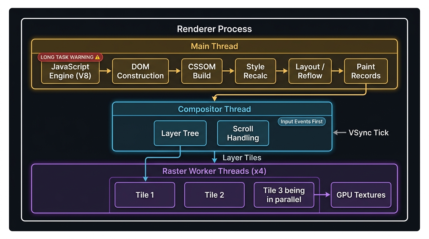 Architecture diagram of the Renderer Process interior. Three horizontal lanes represent the Main Thread (top, widest), the Compositor Thread (middle), and multiple Raster Worker Threads (bottom). Arrows flow downward: JavaScript execution and DOM/CSSOM work on the Main Thread produces Paint Records, which are forwarded to the Compositor Thread. The Compositor splits the page into Layer tiles and dispatches them to Raster Worker Threads, which produce GPU texture bitmaps.